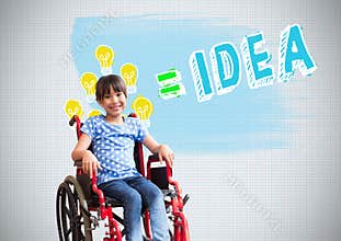 Disabled girl in wheelchair with colorful idea graphics