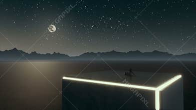 Lonely woman looking at night sky surreal landscape