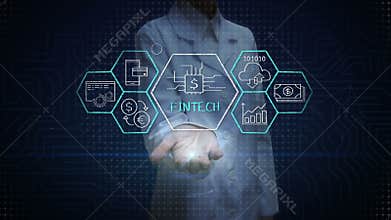 Female scientist, engineer open palm, Fintech icon and various graph.