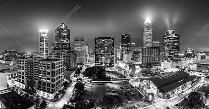 Black and white, aerial view of Charlotte, NC skyline