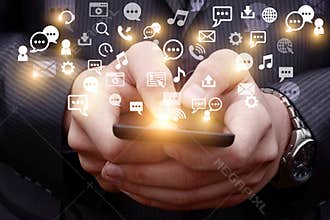 Mobile Emits a holographic image of social media related icons.