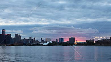 Timelapse of Detroit Skyline from Belle Isle day to night 4K