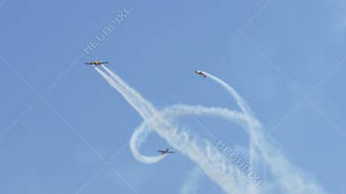 Moscow, Russia July 21, 2017: Maks 2017 air show. Five aircraft perform aerobatics figures. Aerobatic team `First Flight