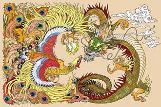 Chinese dragon and phoenix playing a pearl
