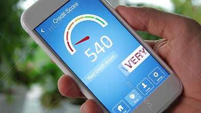 Checking credit score on smartphone using application. The result is VERY POOR