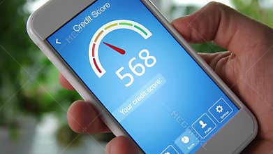Checking credit score on smartphone using application. The result is GOOD