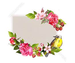 Vintage wedding card - flowers and cute bird at paper texture. Watercolor frame for save date text