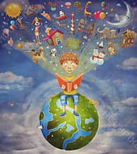 Little boy sitting on the planet and reading book