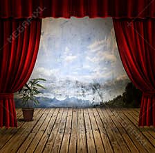 Stage and velvet curtains