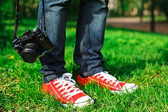 man and retro camera