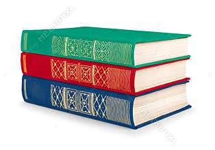 Stack of vintage red, green and blue books