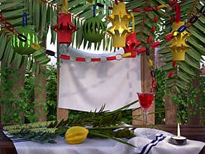 Decorations inside a Sukkah during the Jewish holiday