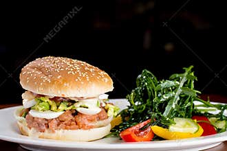 Salmon Burger with fries and souce
