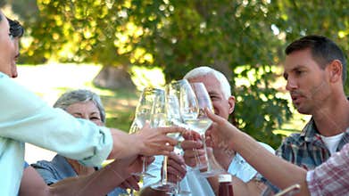 Happy seniors toasting with their family