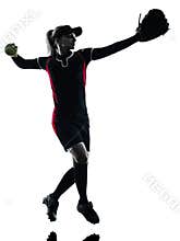 Woman playing softball players silhouette isolated