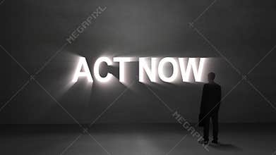 Businessman looking at giant act now text