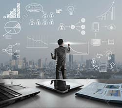 Businessman draw icon with cith in background, business strategy
