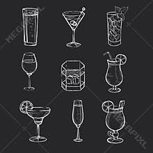 Set of different hand drawn beverages on the