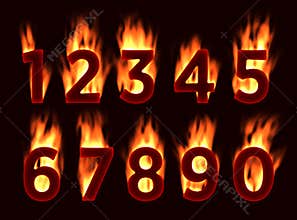 Fire font. Numbers in the fire. Alphabet with fire.
