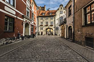 Morning at medieval street in old Riga city, Latvia