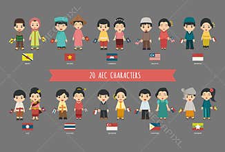 Set of 20 asian men and women in traditional costume with flag