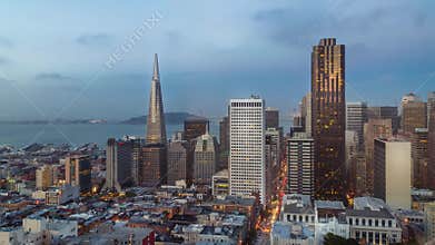 San Francisco skyline and city lights timelapse during sunset