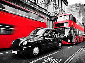 Symbols of London, the UK. Red buses, black taxi cab. Black and white