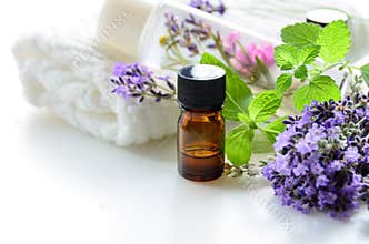 Essential oils and cosmetics with lavender and herbs