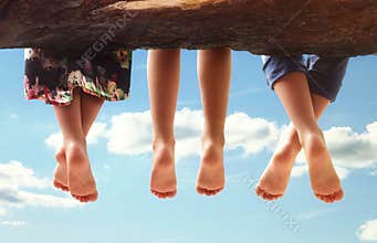 Children sitting in a tree dangling their feet