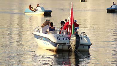 Motor boat floats on the river, boat trip