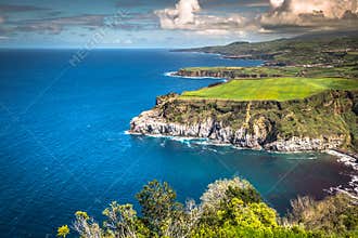 Green island in the Atlantic Ocean, Sao Miguel, Azores, Portugal