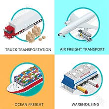 Global logistics network Flat 3d isometric vector illustration Set of air cargo trucking rail transportation maritime