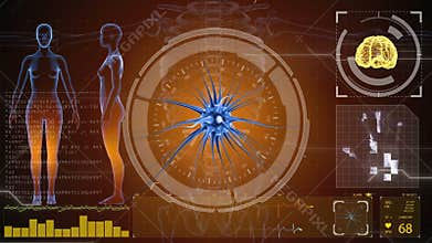 Brain impulses. Neuron system. Human anatomy. Brain work. transferring pulses and generating information. HUD background