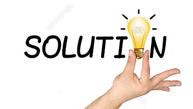 Animation hand holding light bulb solution word