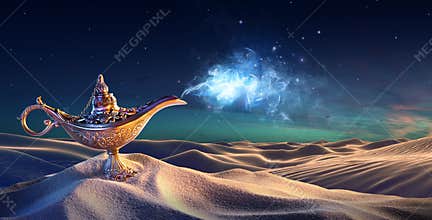 Lamp of Wishes In The Desert - Genie Coming Out