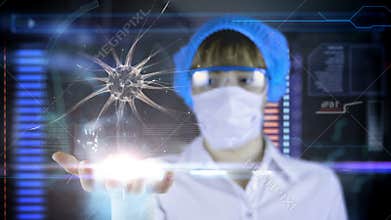 Doctor with futuristic hud screen tablet. Neurons, brain impulses. Medical concept of the future