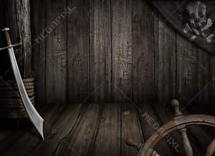 Pirates ship background with old jolly roger flag and saber