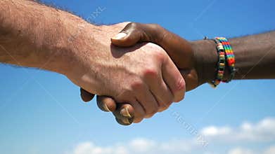 Interracial handshake on sky background