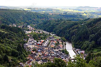 Aerial view of Vianden city in Luxemburg , Europe
