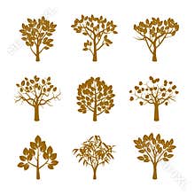 Set of golden plants, trees and leafs
