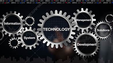 Gear with keyword, information management development system, solutions. Businessman touch screen &#x27;Technology&#x27;