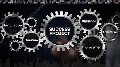 Gear with keyword, challenge, innovation, creative, adventure, improvement. Businessman touch screen 'SUCCESS PROJECT'