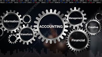 Gear with keyword, Management, Financial, Investors, Information, Creative. Businessman touch screen 'ACCOUNTING'