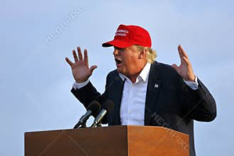 SAN PEDRO, CA - SEPTEMBER 15, 2015: Donald Trump, 2016 Republican presidential candidate, speaks during a rally aboard the Battles