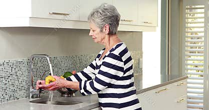 Senior woman washing some vegetables