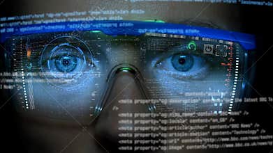 Futuristic monitor on face with code and information hologram. Eye hud animation. Future concept
