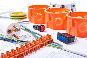 Components for use in electrical installations. Plug, connectors, junction box, switch, isolation tape and wires. Accessories for