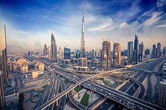 Dubai skyline with beautiful city close to it's busiest highway on traffic