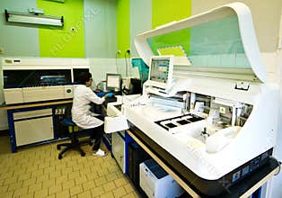 Blood analysis machine in laboratory