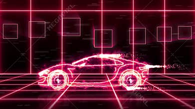 Abstract animation of a futuristic super car made with light beam wireframes on futuristic city background scene